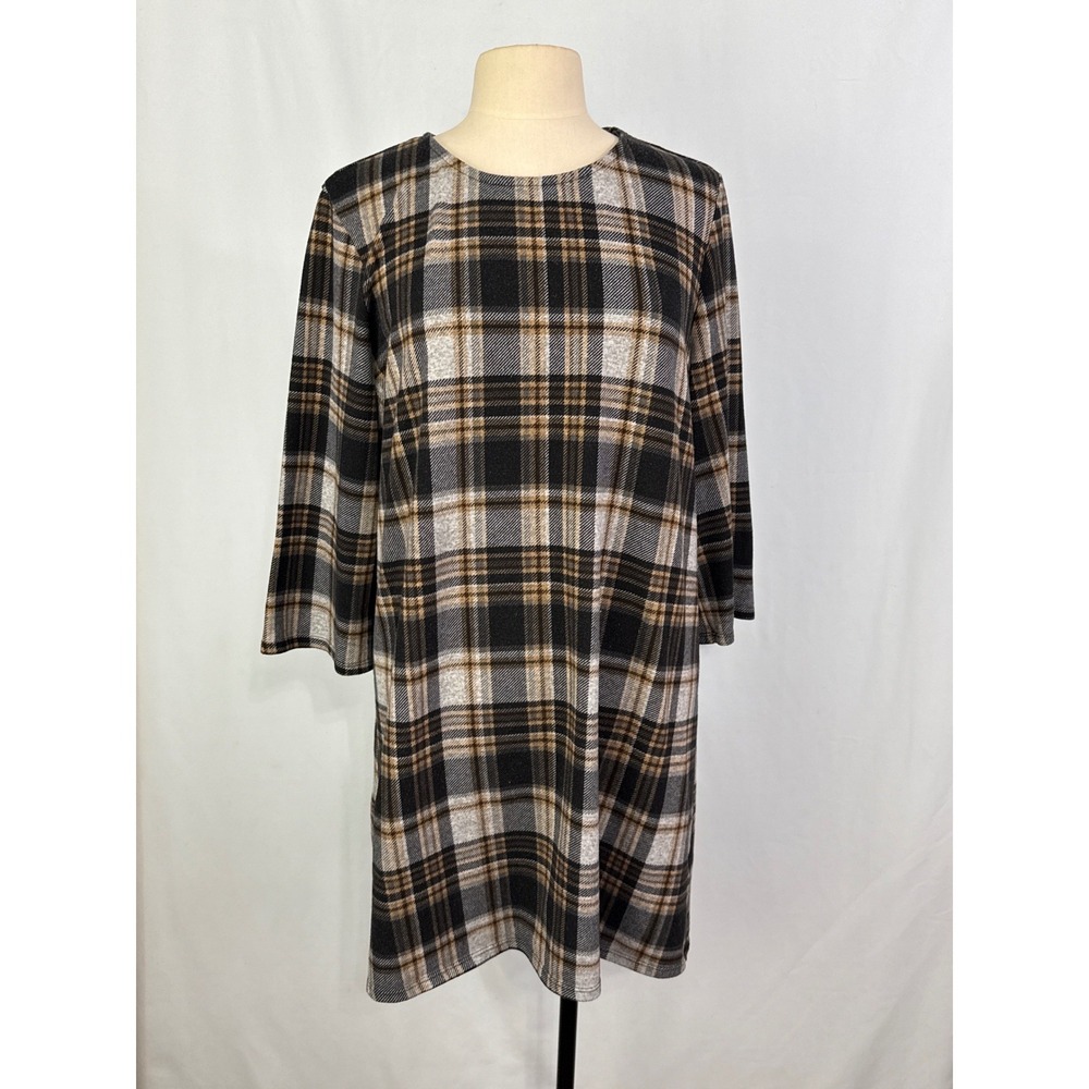 Tacera Womens XL Plaid 3/4 Sleeve Knit Shift Dress Black‎ Brown 8188H-175